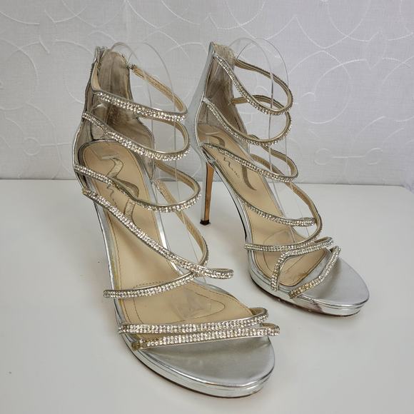 Nina Womens Heels Size 10 Silver Rhinestone Strappy Gladiator Back Zip - Picture 7 of 12